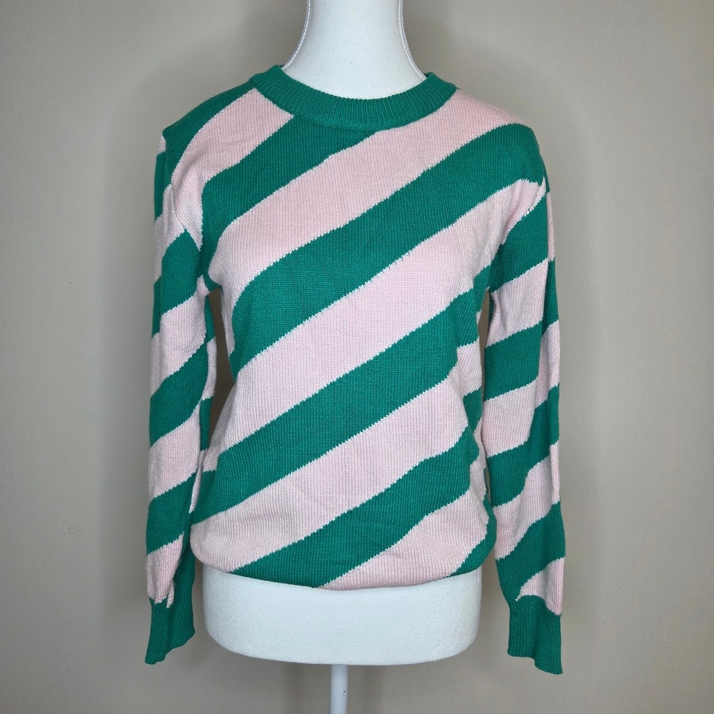 OXKNIT Womens Green Pink Stripe Crewneck Sweater Size Medium Cotton Blend